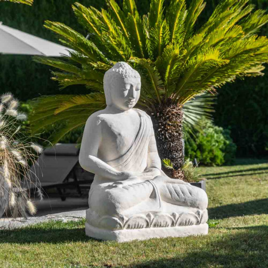 Estatua de buda sentado fibra de vidrio posición ofrenda 105cm blanco