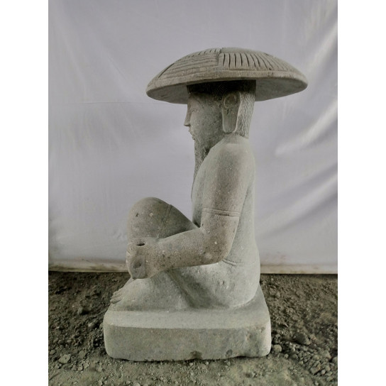 Estatua de pescador japonés de piedra volcánica 80cm