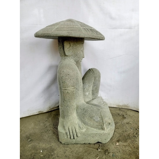 Estatua pescador japonés de piedra volcánica de 80 cm