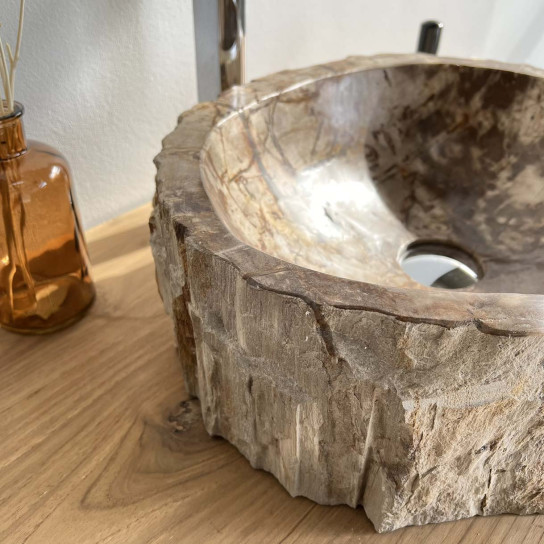 Lavabo de cuarto de baño de madera petrificada fosilizada marron
