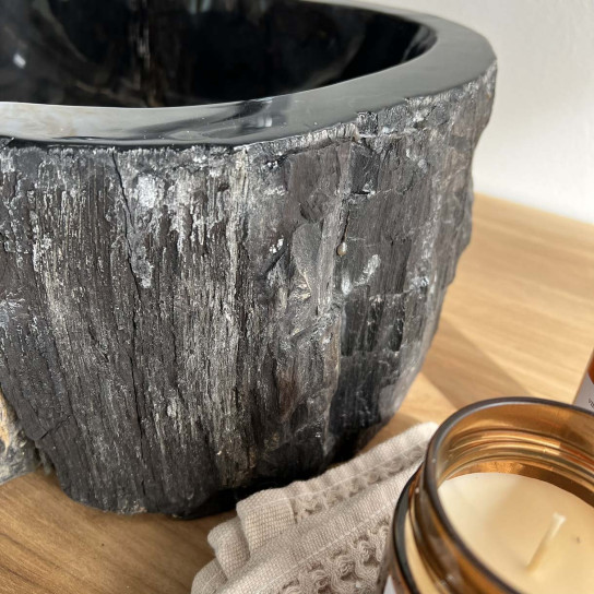 Lavabo de madera petrificada fosilizada para cuarto de baño color negro