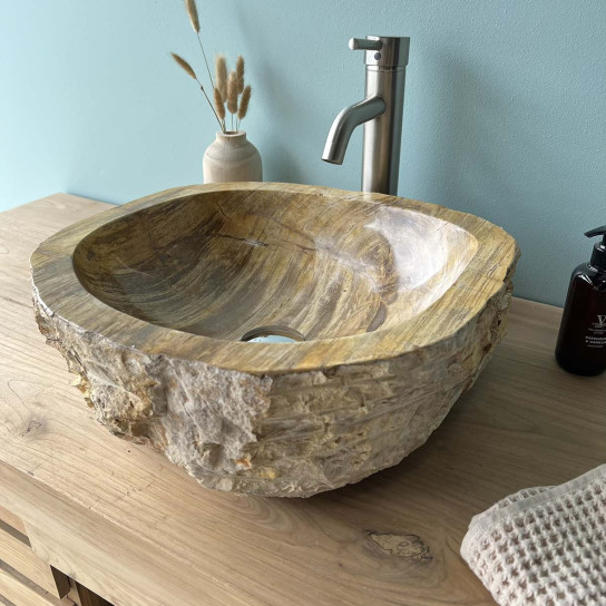 Lavabo sobre encimera para cuarto de baño de madera petrificada fosilizada 45 cm