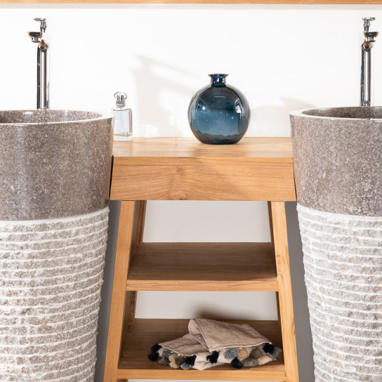 Mueble de baño de teca Florencia doble 180cm + lavabos gris