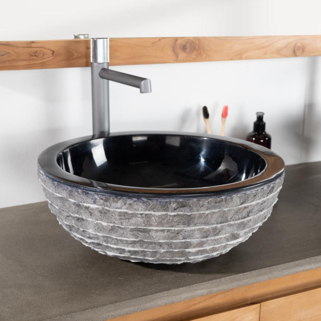 Lavabo sobre encimera redondo de piedra Vesubio negro 40 cm