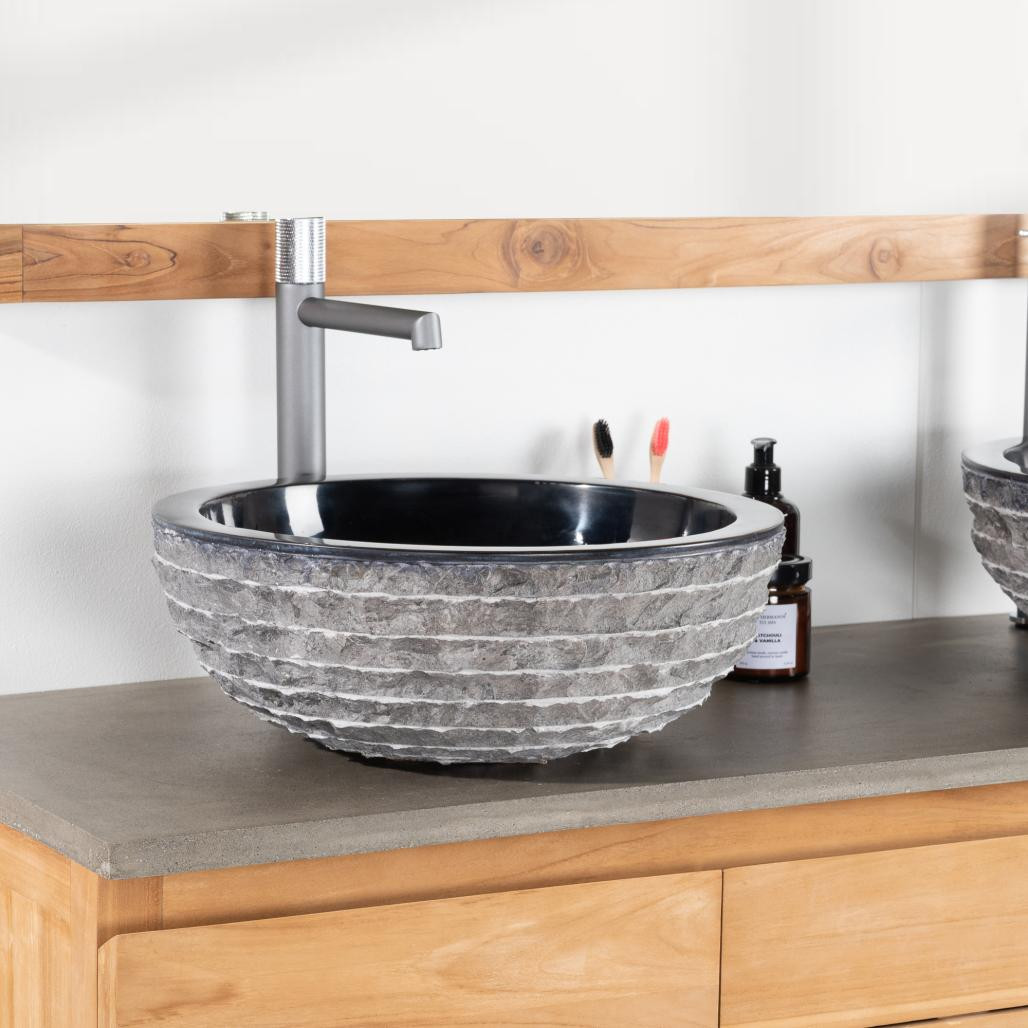 Lavabo sobre encimera redondo de piedra Vesubio negro 40 cm