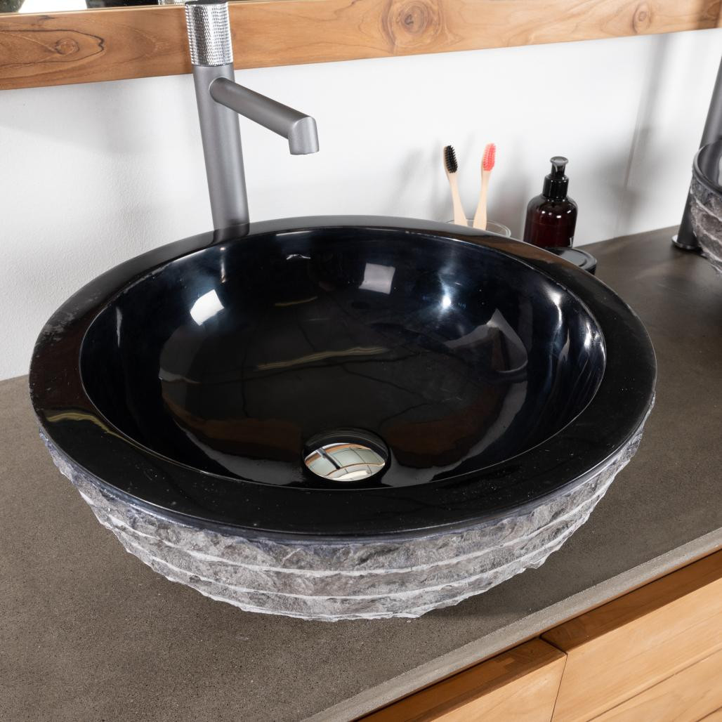 Lavabo sobre encimera redondo de piedra Vesubio negro 40 cm