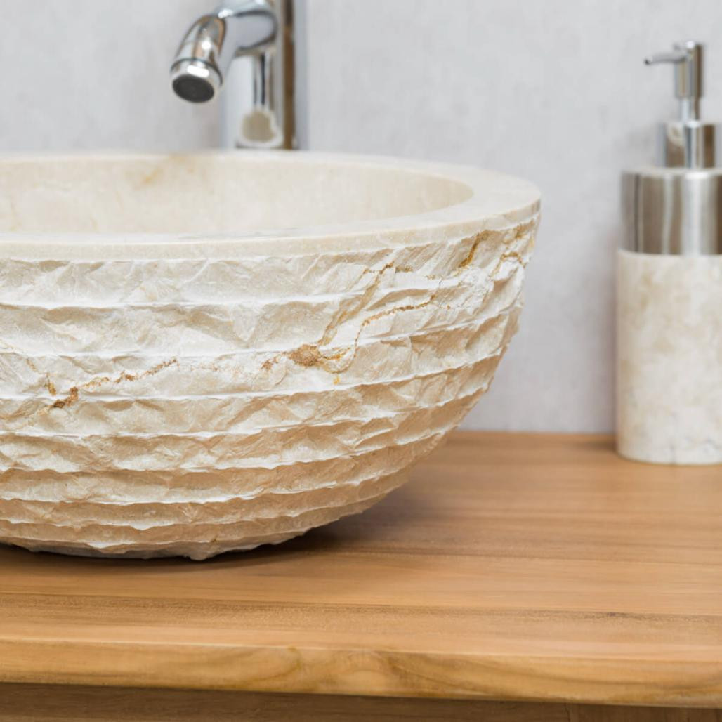 Lavabo sobre encimera redondo de piedra Vesubio crema 35 cm