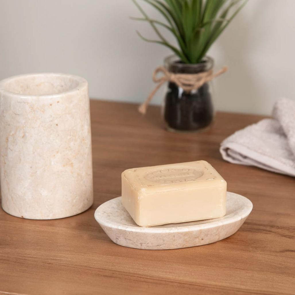Ensemble gobelet porte savon en marbre crème Ensemble gobelet porte savon en marbre crème