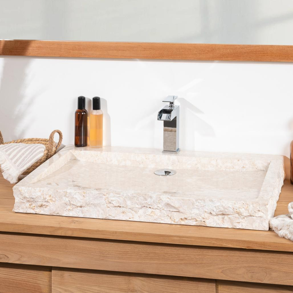 Lavabo sobre encimera grande 70 cm rectángulo de piedra mármol Cosy crema
