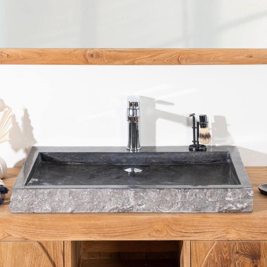 Lavabo sobre encimera grande 70 cm rectángulo de piedra mármol Cosy negro Lavabo sobre encimera grande 70 cm rectángulo de piedra mármol Cosy negro