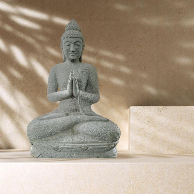 Estatua jardàn exterior buda piedra volcànica posición rezo 1 m