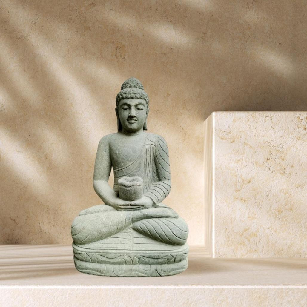 Estatua jardà­n zen buda sentado posición meditación piedra volcànica 80 cm