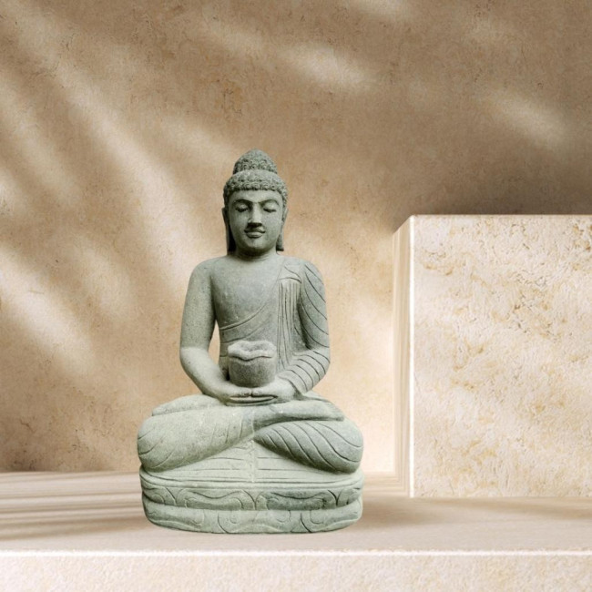 Estatua jardàn zen buda sentado posición meditación piedra volcànica 80 cm