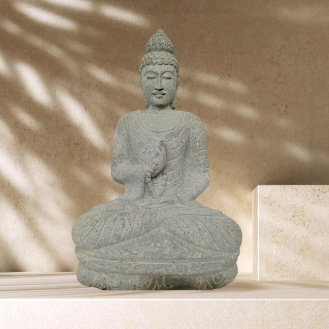 Estatua de jardàn zen buda sentado de piedra natural ofrenda con rosario 1,20 m