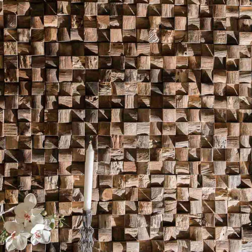 Revestimiento mosaico de teca reciclada natural cuadrado 20 x 55 cm Revestimiento mosaico de teca reciclada natural cuadrado 20 x 55 cm