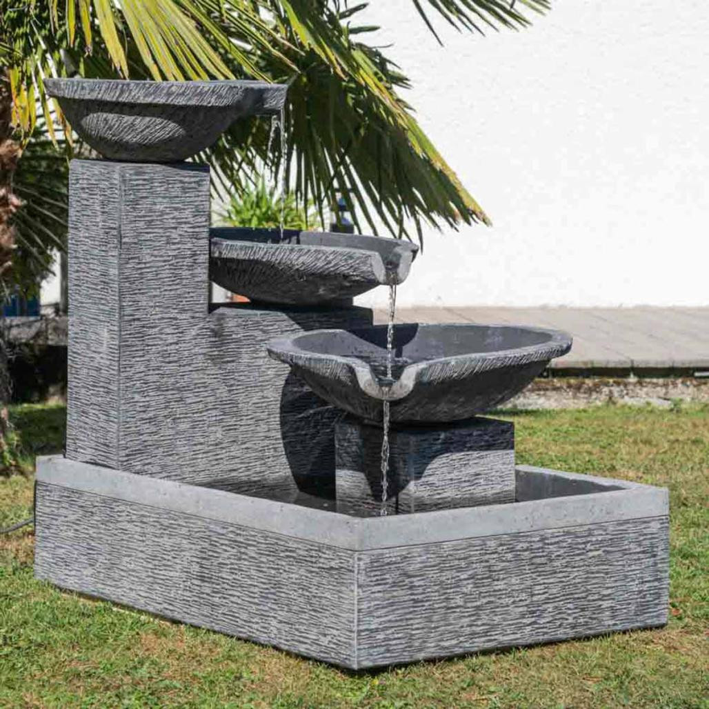 Fuente de jardàn desbordante estanque 3 pilas negro gris Fuente de jardàn desbordante estanque 3 pilas negro gris