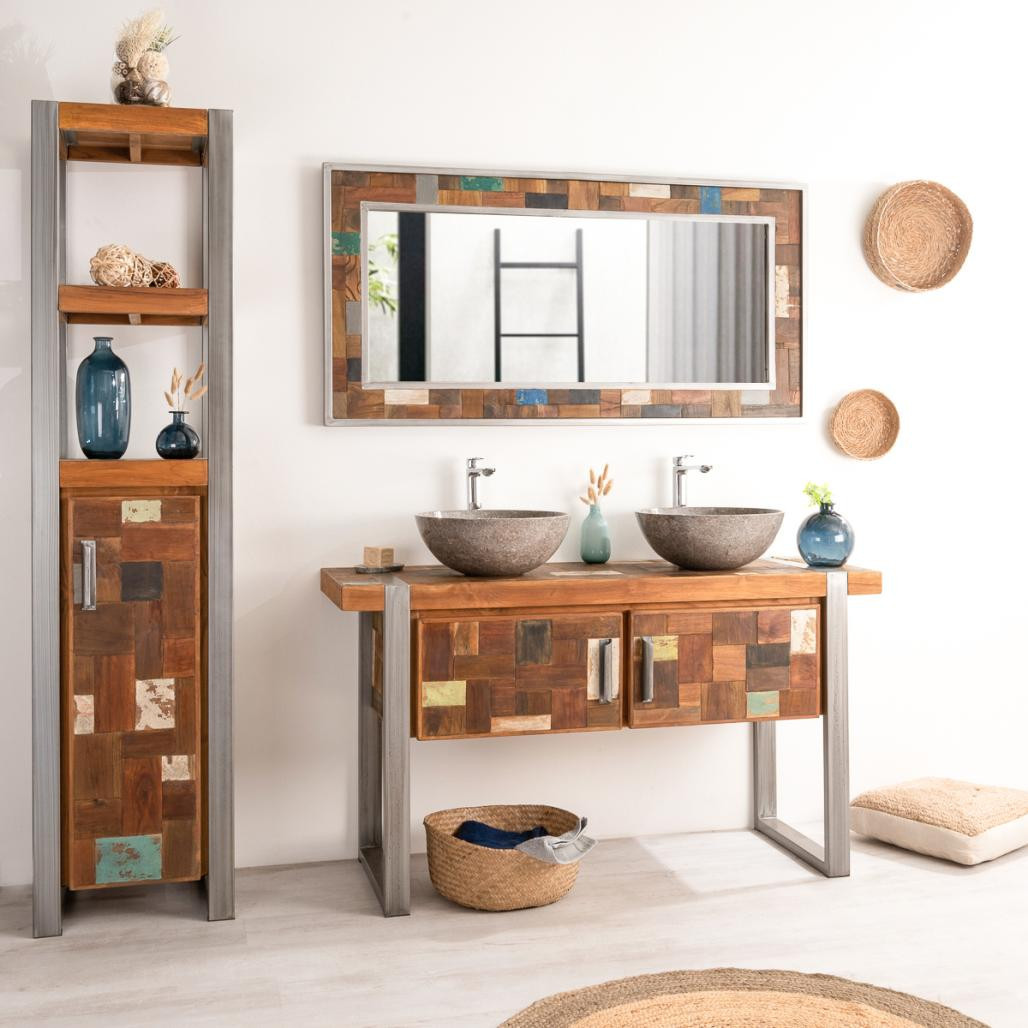 Mueble doble para cuarto de baño Factory teca metal 140 cm Mueble doble para cuarto de baño Factory teca metal 140 cm