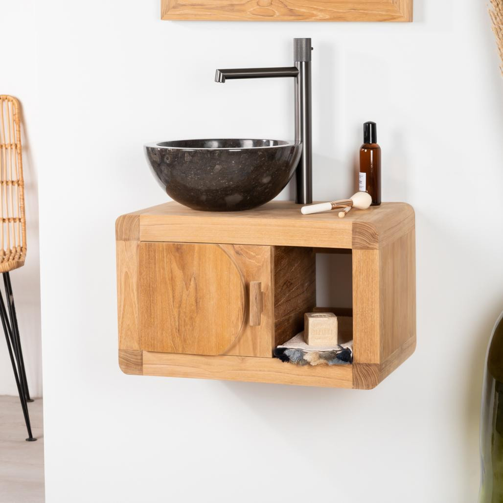 Mueble pequeño de cuarto de baño suspendido 50 cm de teca maciza Retro Mueble pequeño de cuarto de baño suspendido 50 cm de teca maciza Retro