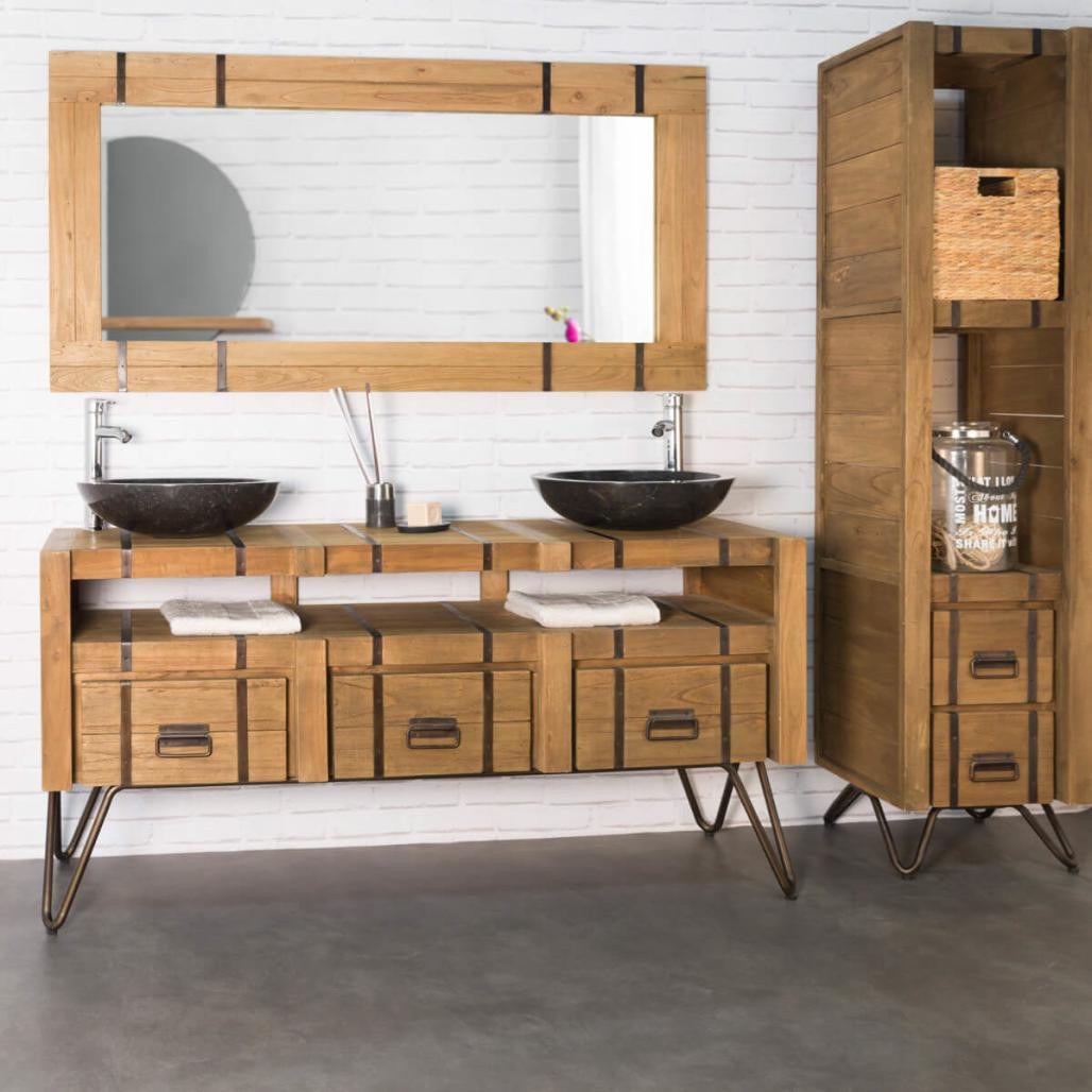 Mueble lavabo doble de mindi y acero 160 Loft natural