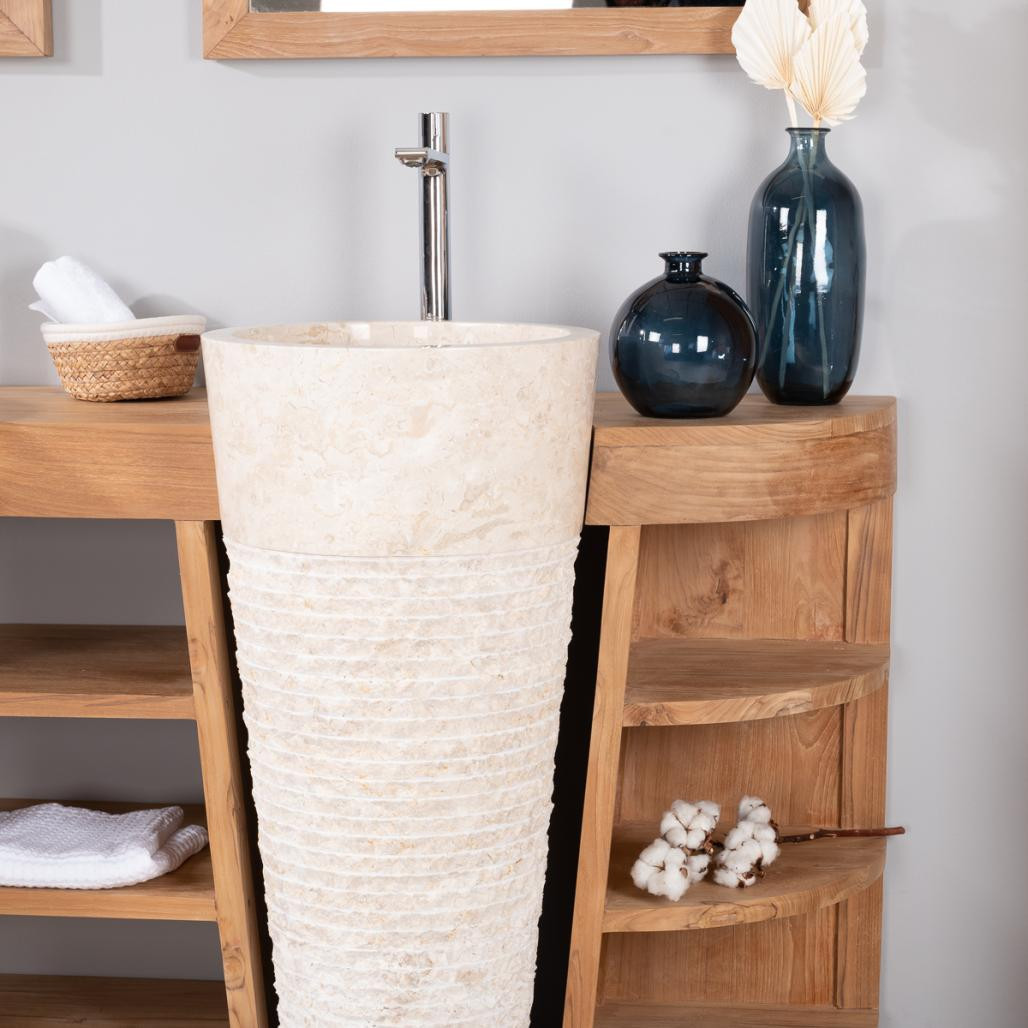 Meuble de salle de bain en teck Florence double 180cm + vasques crème