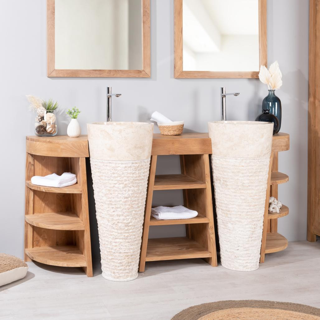 Meuble de salle de bain en teck Florence double 180cm + vasques crème