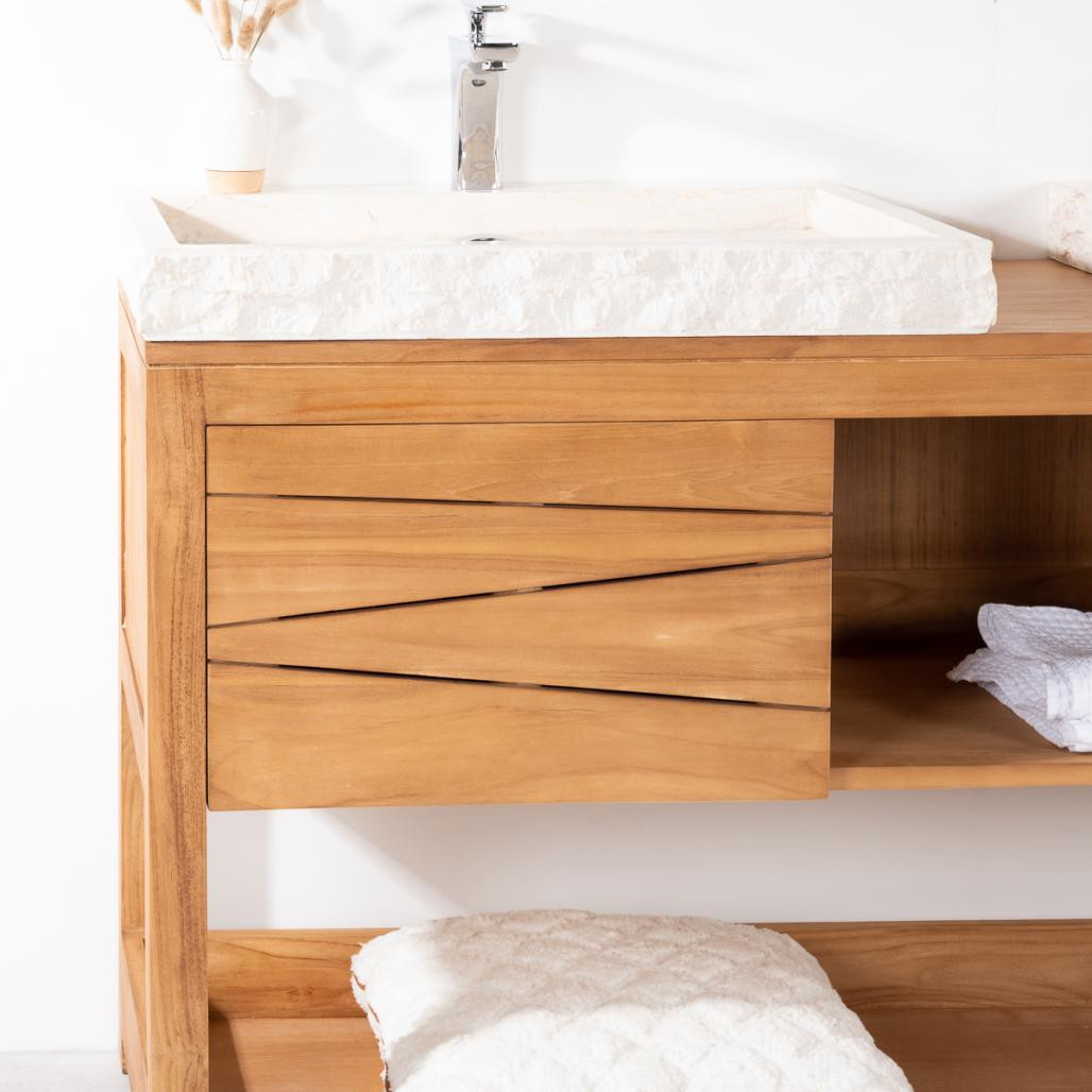 Meuble double en teck massif Cosy 160cm + 2 vasques crème Meuble double en teck massif Cosy 160cm + 2 vasques crème