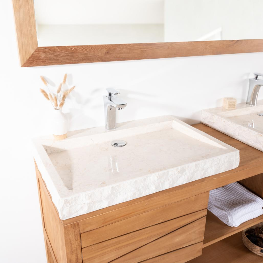 Meuble double en teck massif Cosy 160cm + 2 vasques crème Meuble double en teck massif Cosy 160cm + 2 vasques crème