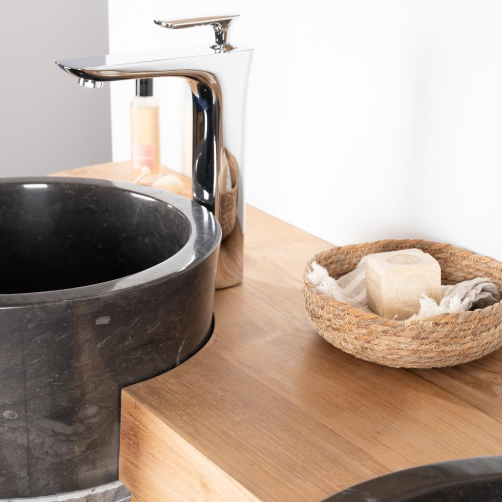 Meuble sous vasque en teck Florence double 180cm + vasques noir Meuble sous vasque en teck Florence double 180cm + vasques noir