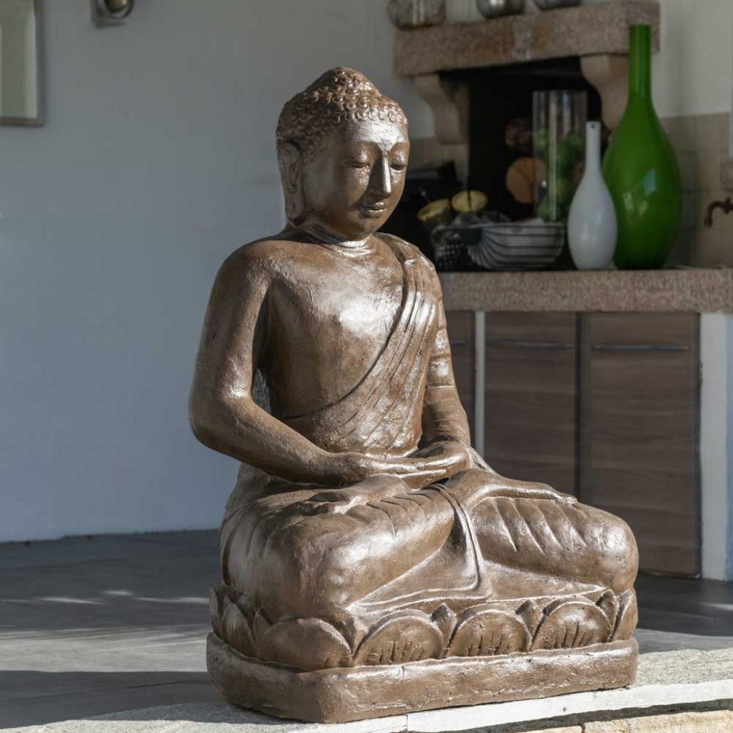 Estatua jardàn buda sentado de fibra posición ofrenda 105 cm marrón Estatua jardàn buda sentado de fibra posición ofrenda 105 cm marrón
