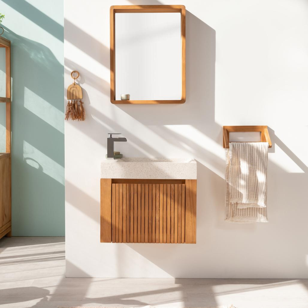 Lavabo y mueble suspendido de teca Lujo 60 crema Lavabo y mueble suspendido de teca Lujo 60 crema