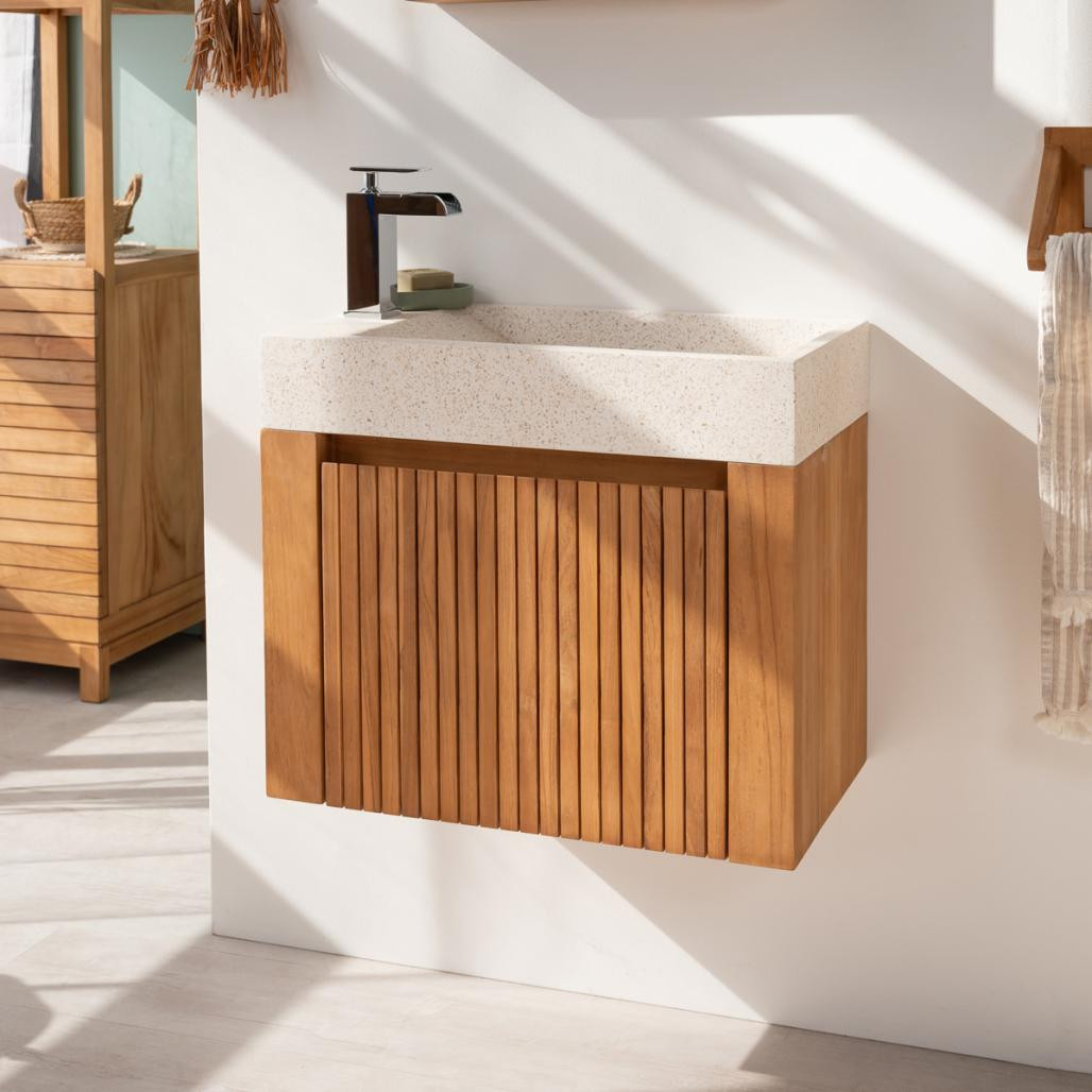 Lavabo y mueble suspendido de teca Lujo 60 crema Lavabo y mueble suspendido de teca Lujo 60 crema