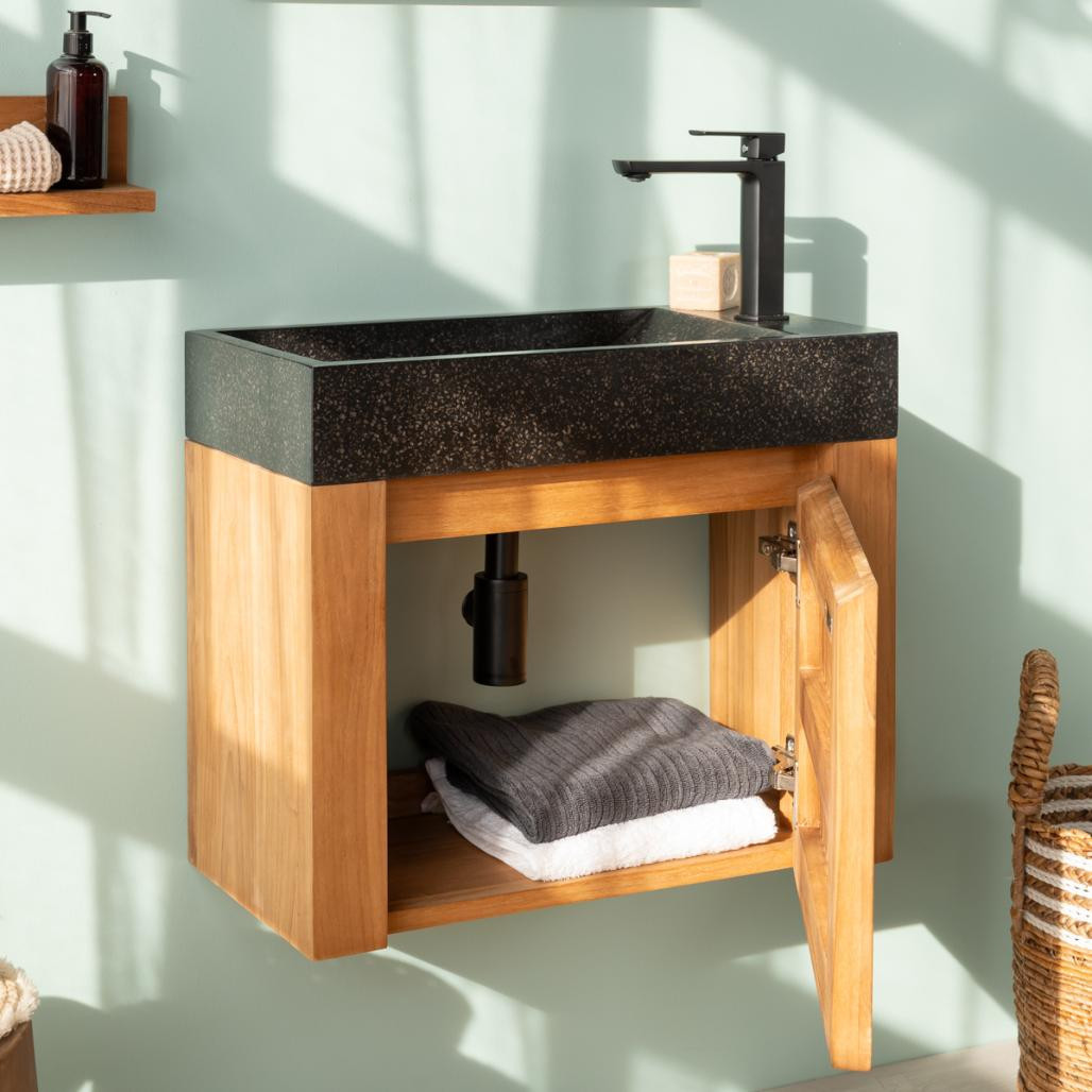 Lavabo y mueble suspendido de teca Lujo 60 negro Lavabo y mueble suspendido de teca Lujo 60 negro