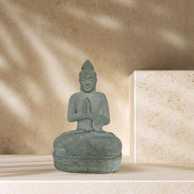 Estatua de buda sentado de piedra volcànica posición de rezo 50cm