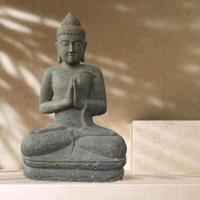 Estatua jardàn zen buda piedra volcànica posición de rezo 120 cm