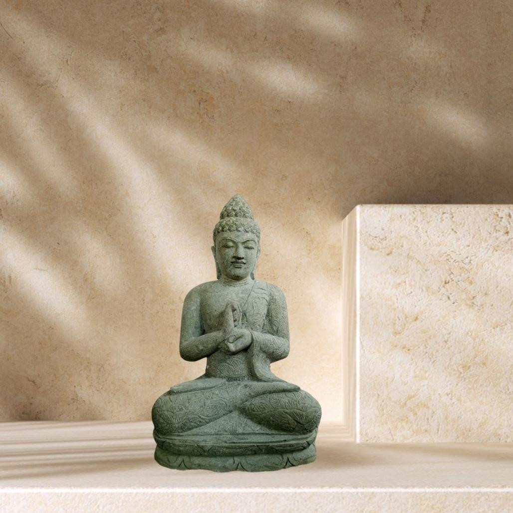 Estatua jardà­n buda sentado piedra volcànica posición chakra 50 cm