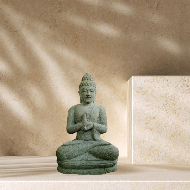 Estatua jardàn buda sentado piedra volcànica posición chakra 50 cm
