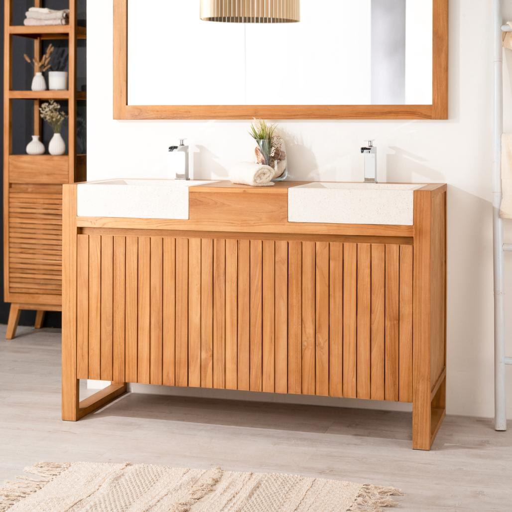 Mueble de teca y lavabos para cuarto de baño Lujo 140 crema