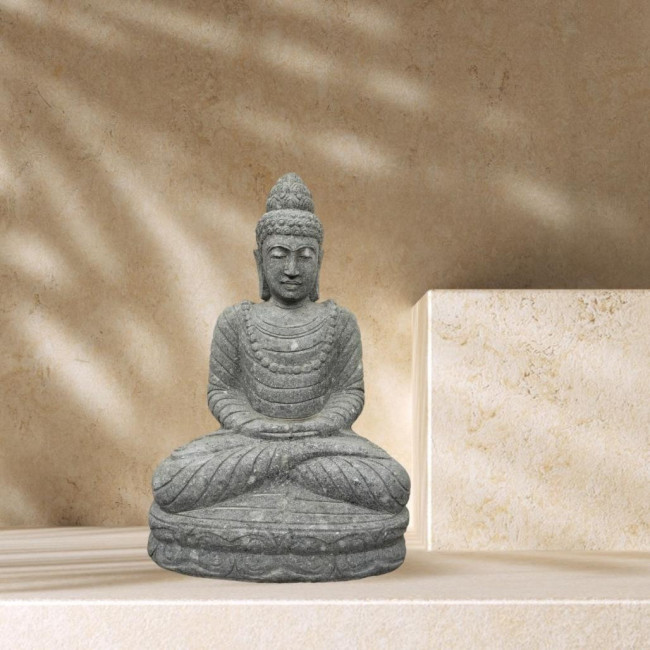Estatua jardàn exterior buda sentado piedra volcànica collar 80 cm