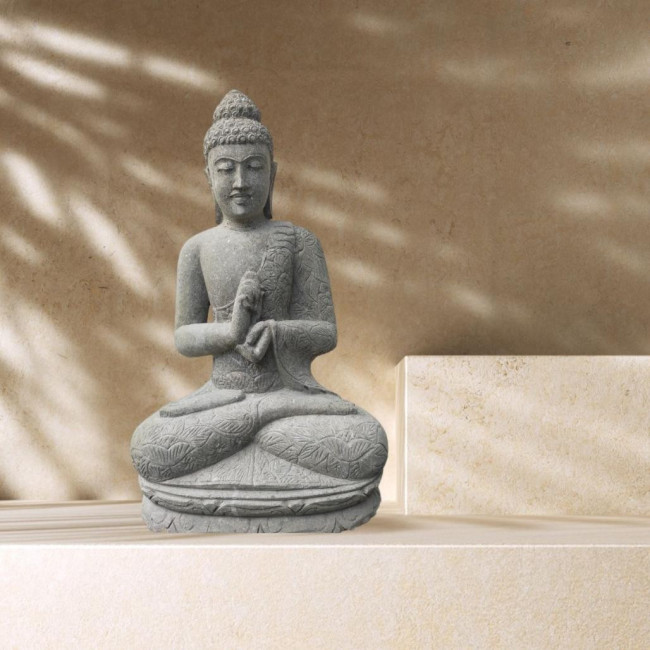 Estatua de buda de piedra volcànica de jardàn posición chakra 1 m