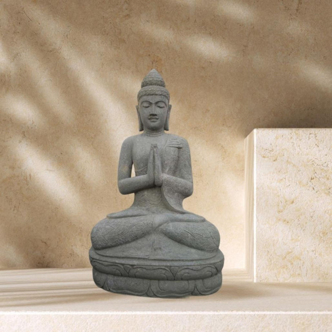 Estatua buda sentado de piedra volcànica rezo jardàn zen 80 cm