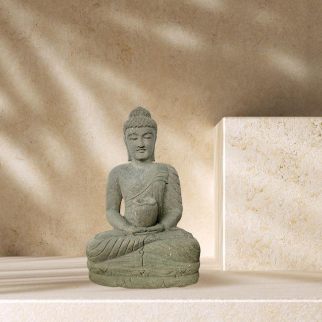 Estatua de exterior zen buda de piedra volcànica en posición de ofrenda 50 cm