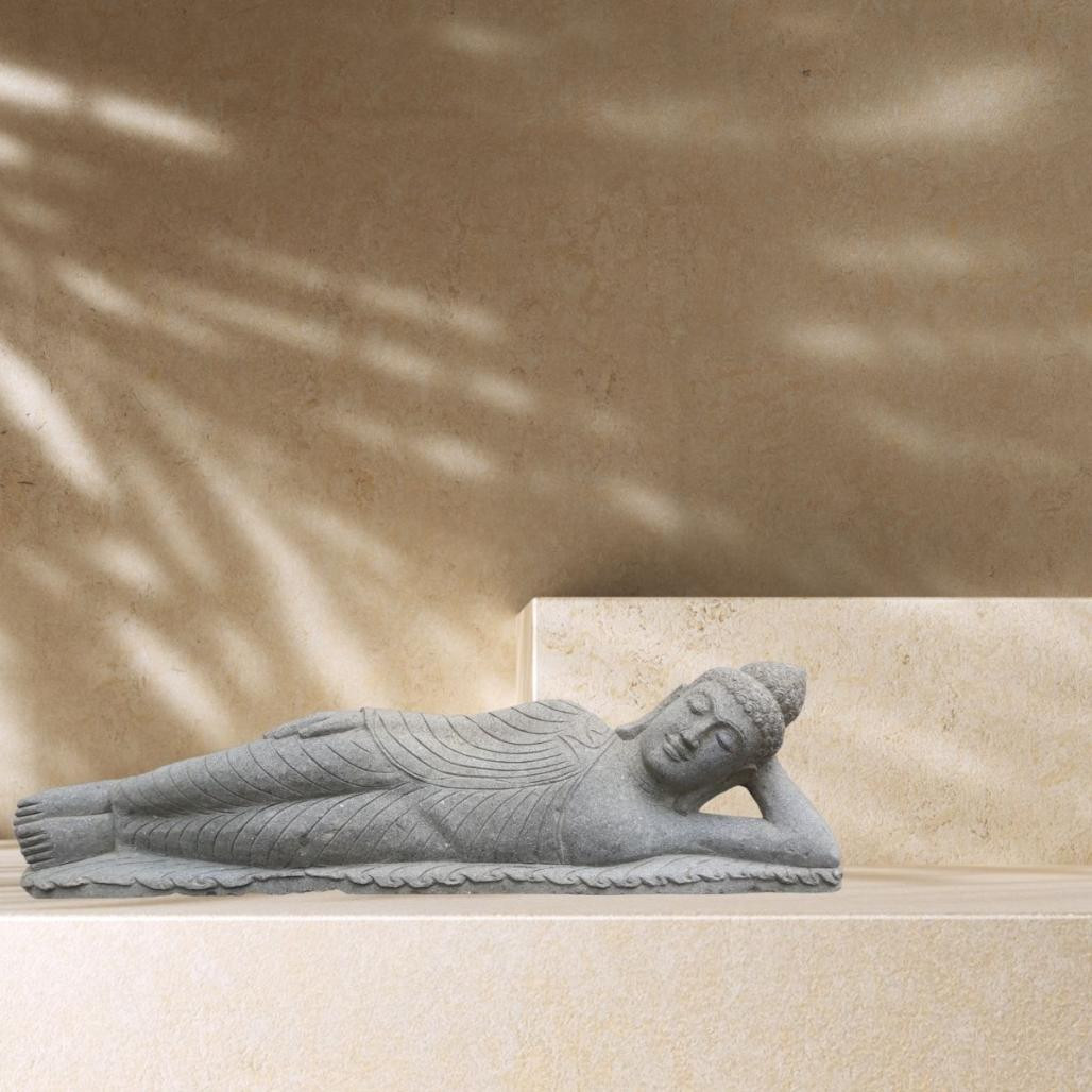Buda tumbado estatua de piedra volcànica exterior zen 1 m