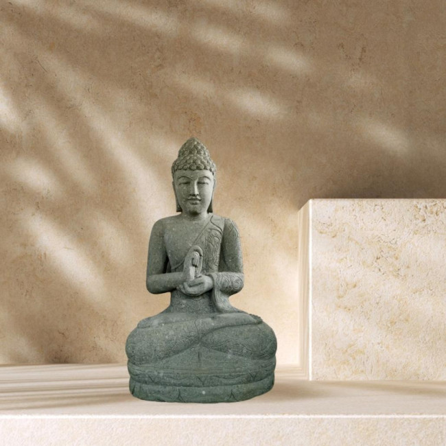 Estatua de buda sentado de piedra volcànica posición chakra 80 cm