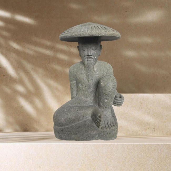 Estatua pescador japonés de piedra volcànica 80 cm
