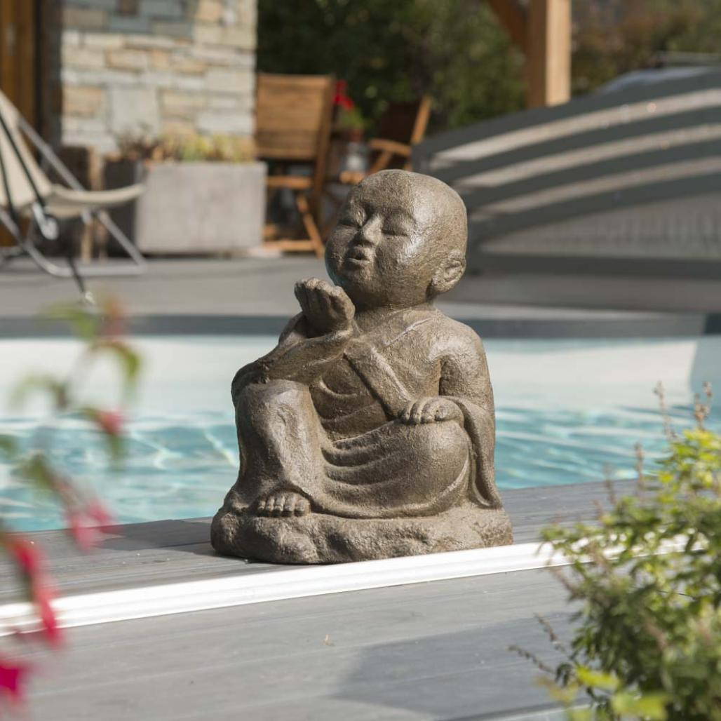 Estatua de jardàn monje shaolàn feliz pàtina marrón envejecida 40 cm Estatua de jardàn monje shaolàn feliz pàtina marrón envejecida 40 cm