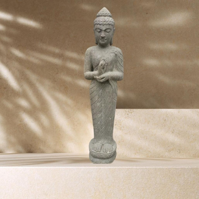 Escultura de jardàn de piedra volcànica buda de pie posición chakra 1m50