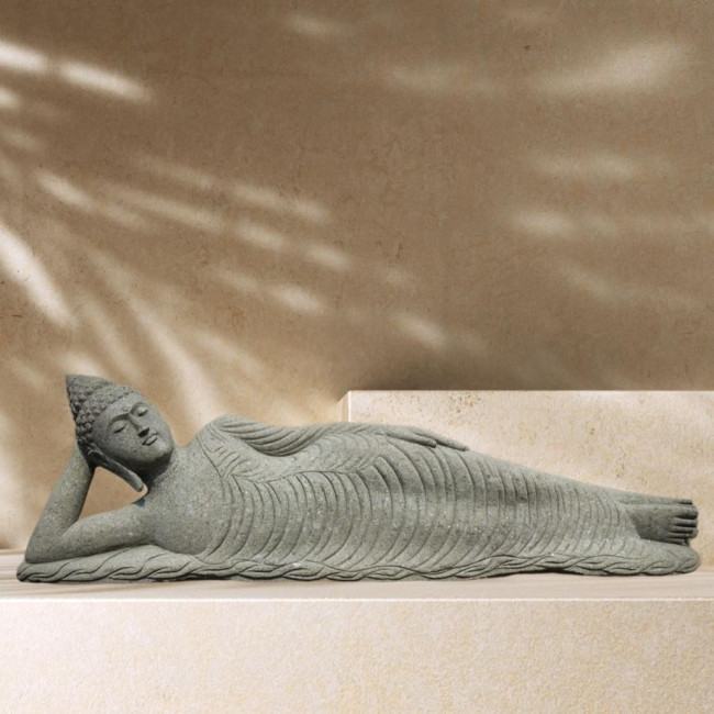 Buda tumbado de piedra volcànica para jardàn zen 2 m