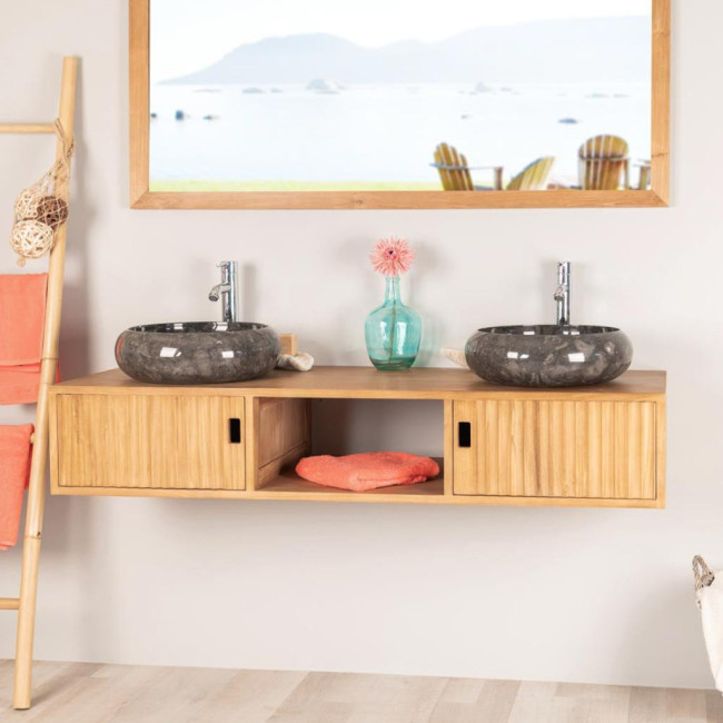 Mueble de cuarto de baño suspendido para lavabo doble de teca Mya 145 cm