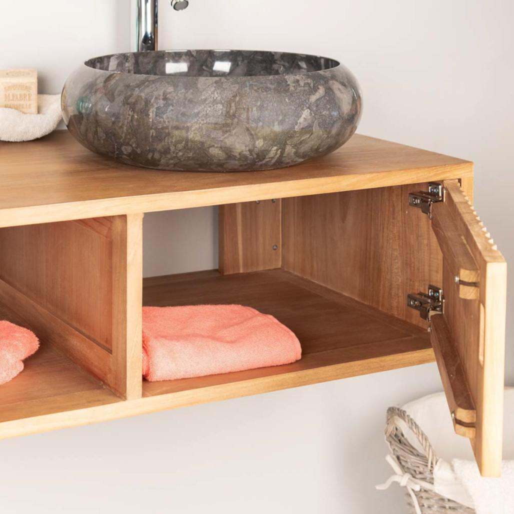 Mueble de cuarto de baño suspendido para lavabo doble de teca Mya 145 cm