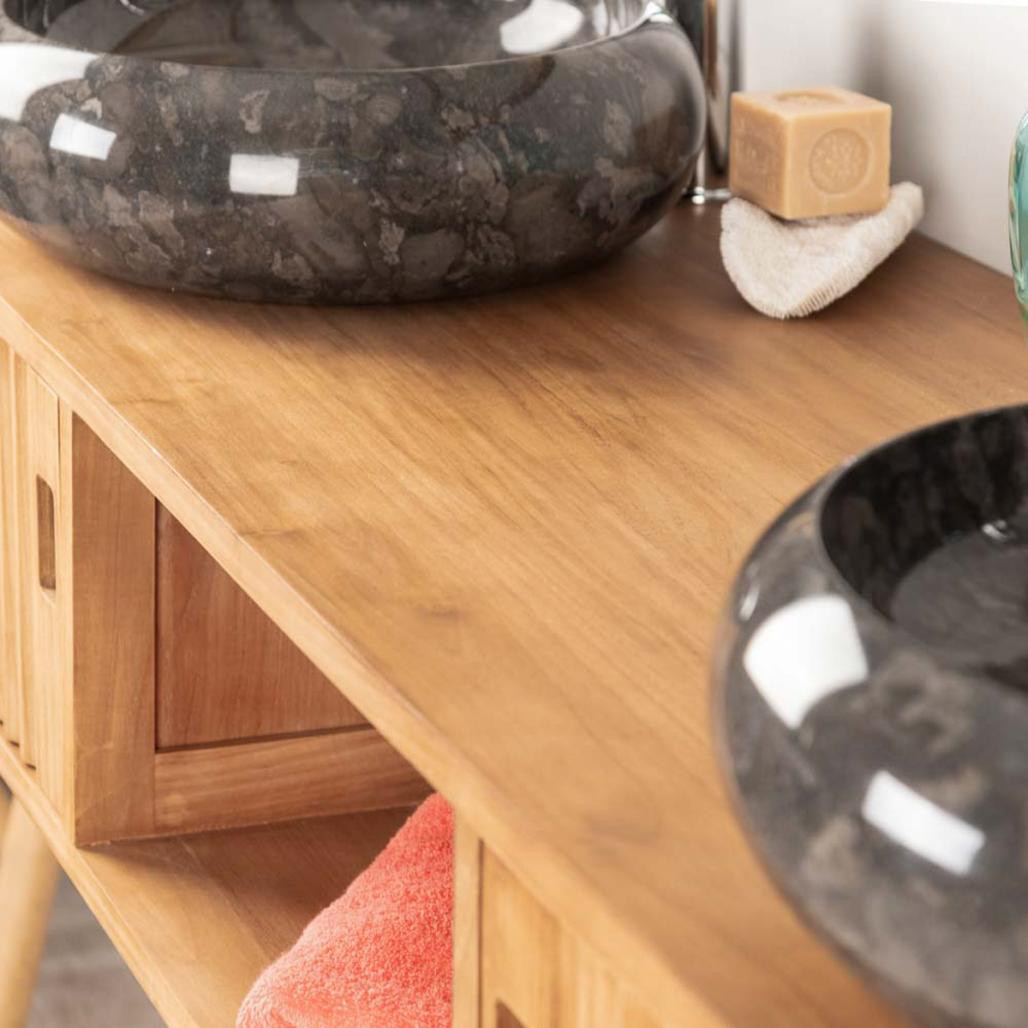 Mueble de cuarto de baño suspendido para lavabo doble de teca Mya 145 cm